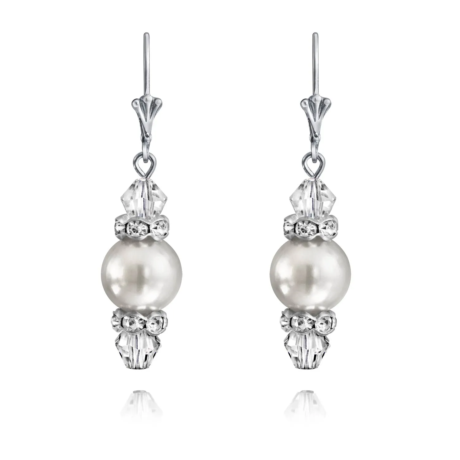 Bridal Crystal & Simulated Pearl Dangle Earrings Sterling Silver Pink & Grey