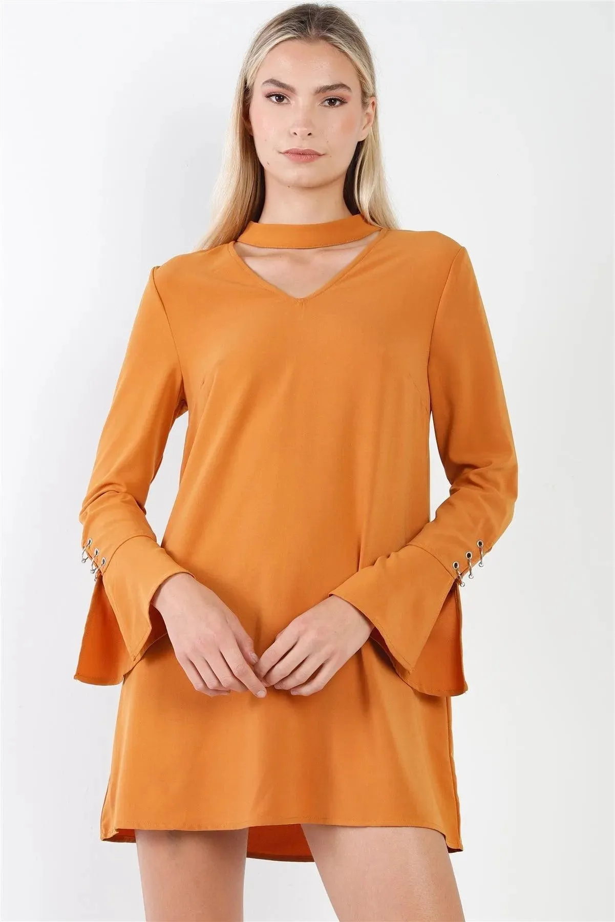 Camel Long Sleeve V-Cut Out Solid Mini Dress /2-2-2