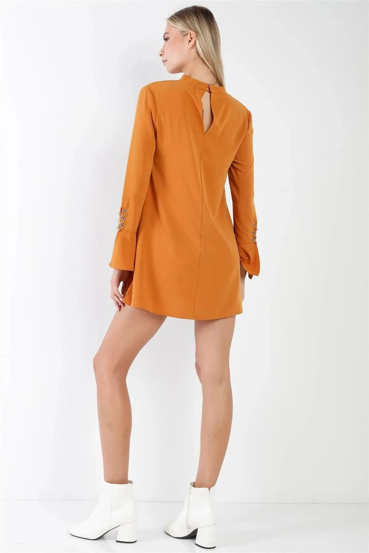 Camel Long Sleeve V-Cut Out Solid Mini Dress /2-2-2