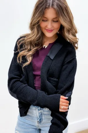 Casually Trendy Elbow Patch Cardigan - Black