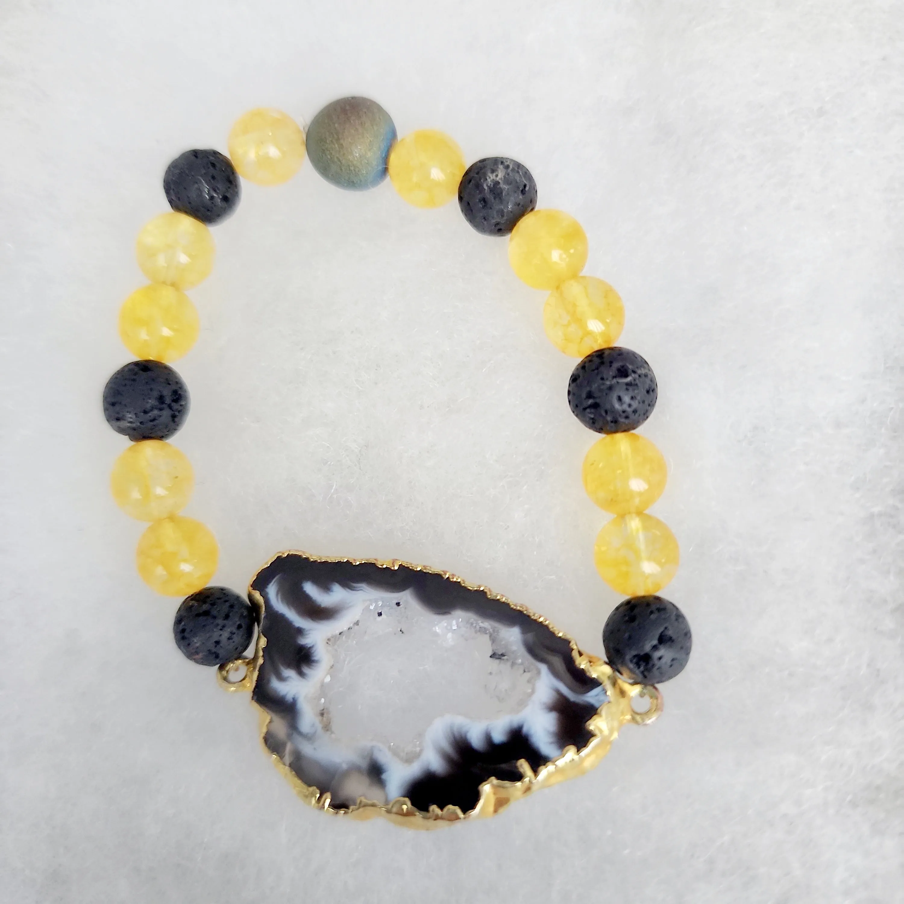 Chic Citrine & Lava Stone Gemstone Bracelet with Agate Druzy Slice - Grounding, Energizing & Positive Vibes  Handmade Gemstone Bracelet