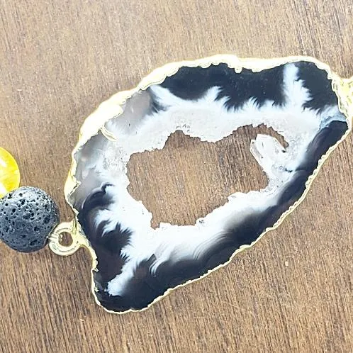 Chic Citrine & Lava Stone Gemstone Bracelet with Agate Druzy Slice - Grounding, Energizing & Positive Vibes  Handmade Gemstone Bracelet