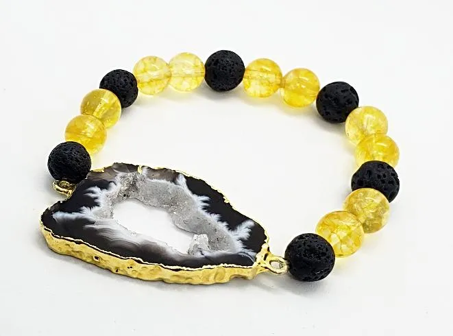 Chic Citrine & Lava Stone Gemstone Bracelet with Agate Druzy Slice - Grounding, Energizing & Positive Vibes  Handmade Gemstone Bracelet