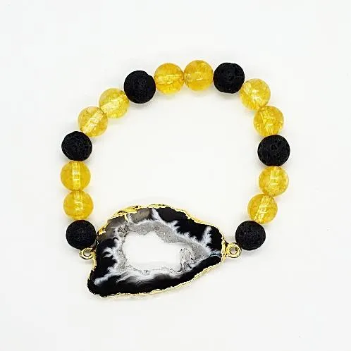 Chic Citrine & Lava Stone Gemstone Bracelet with Agate Druzy Slice - Grounding, Energizing & Positive Vibes  Handmade Gemstone Bracelet