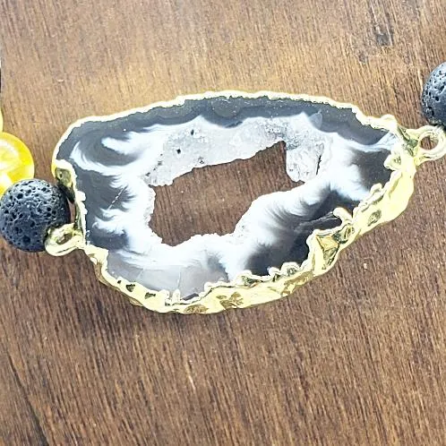 Chic Citrine & Lava Stone Gemstone Bracelet with Agate Druzy Slice - Grounding, Energizing & Positive Vibes  Handmade Gemstone Bracelet