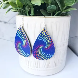 Christin: Rainbow Hearts Swirl on Navy Earrings Faux Leather