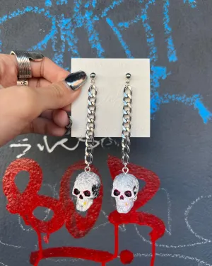 Chunky Chain Gothic Hand Painted Skull Earrings