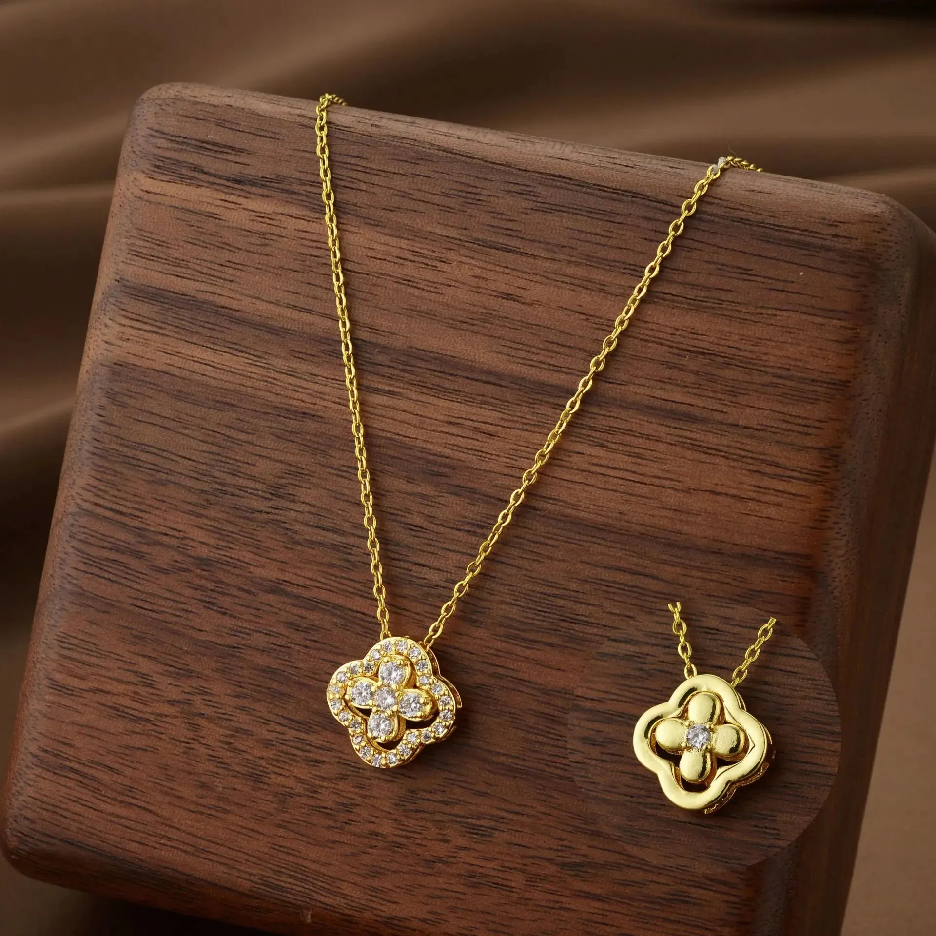 Classic Titanium Steel Lucky Clover Flower Pendant Necklace