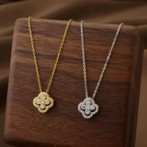 Classic Titanium Steel Lucky Clover Flower Pendant Necklace