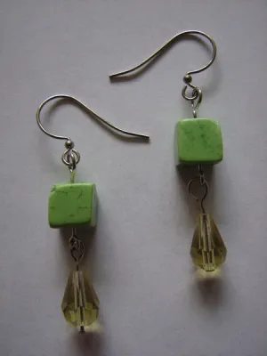 Cool Green Cube and Yellow Cut Teardrop Earrings