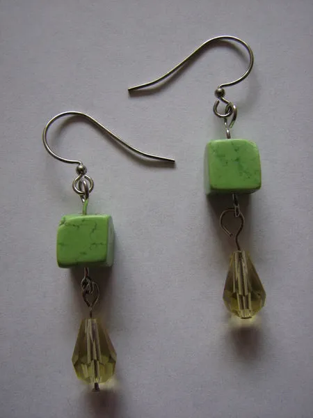 Cool Green Cube and Yellow Cut Teardrop Earrings
