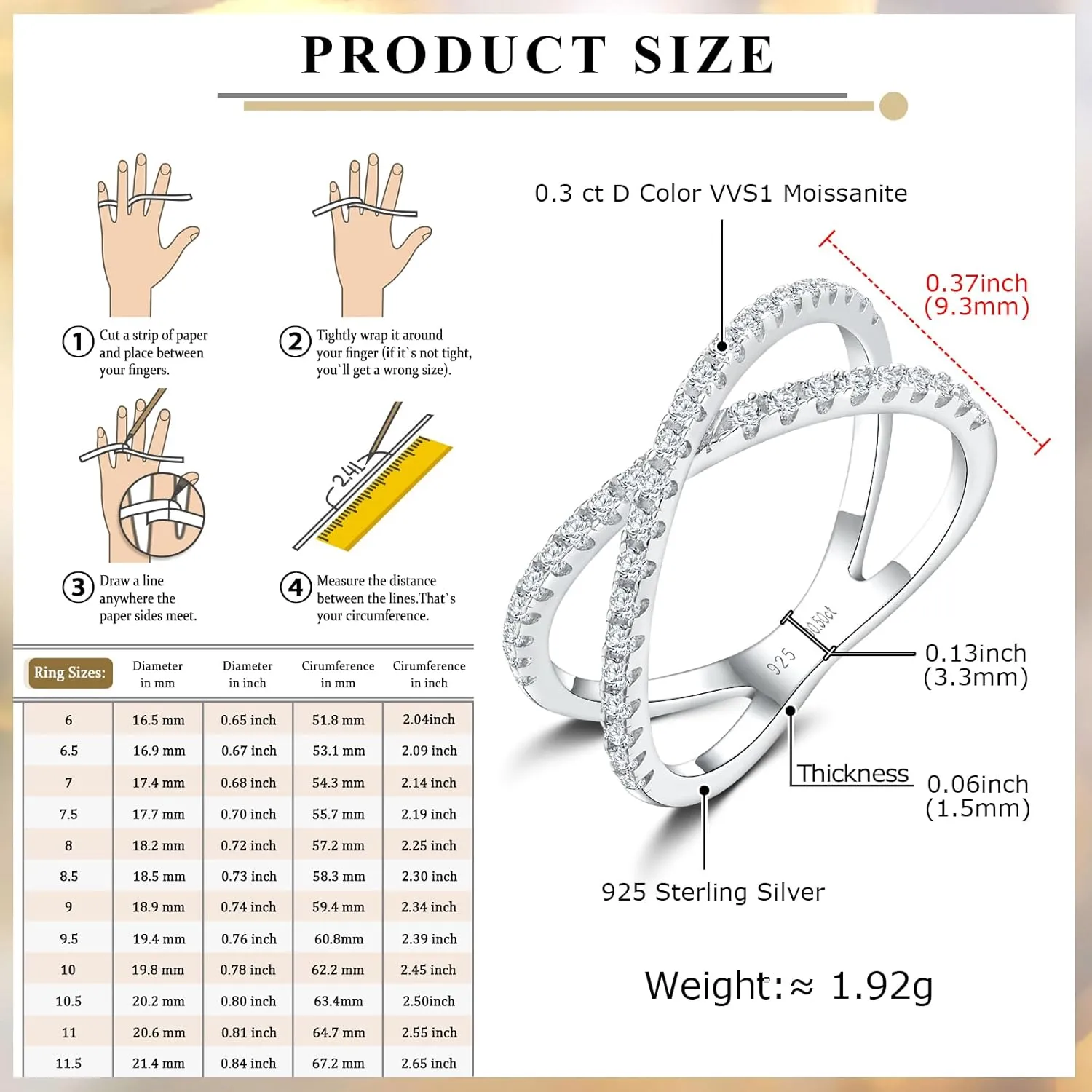 Crisss Cross Ring, Moissanite Wedding Band, 14K Gold Plated Sterling Silver Wedding Rings for Women Stackable Bezel/Curve/Wishbone Eternity Ring for Her, Size 6-10