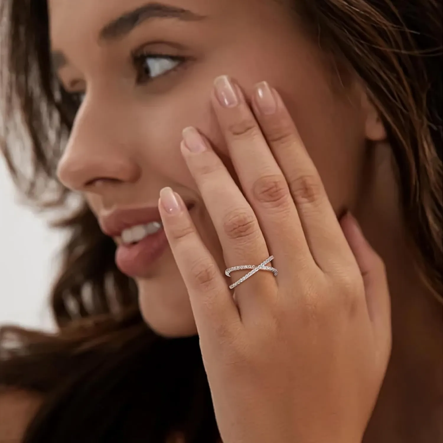 Crisss Cross Ring, Moissanite Wedding Band, 14K Gold Plated Sterling Silver Wedding Rings for Women Stackable Bezel/Curve/Wishbone Eternity Ring for Her, Size 6-10
