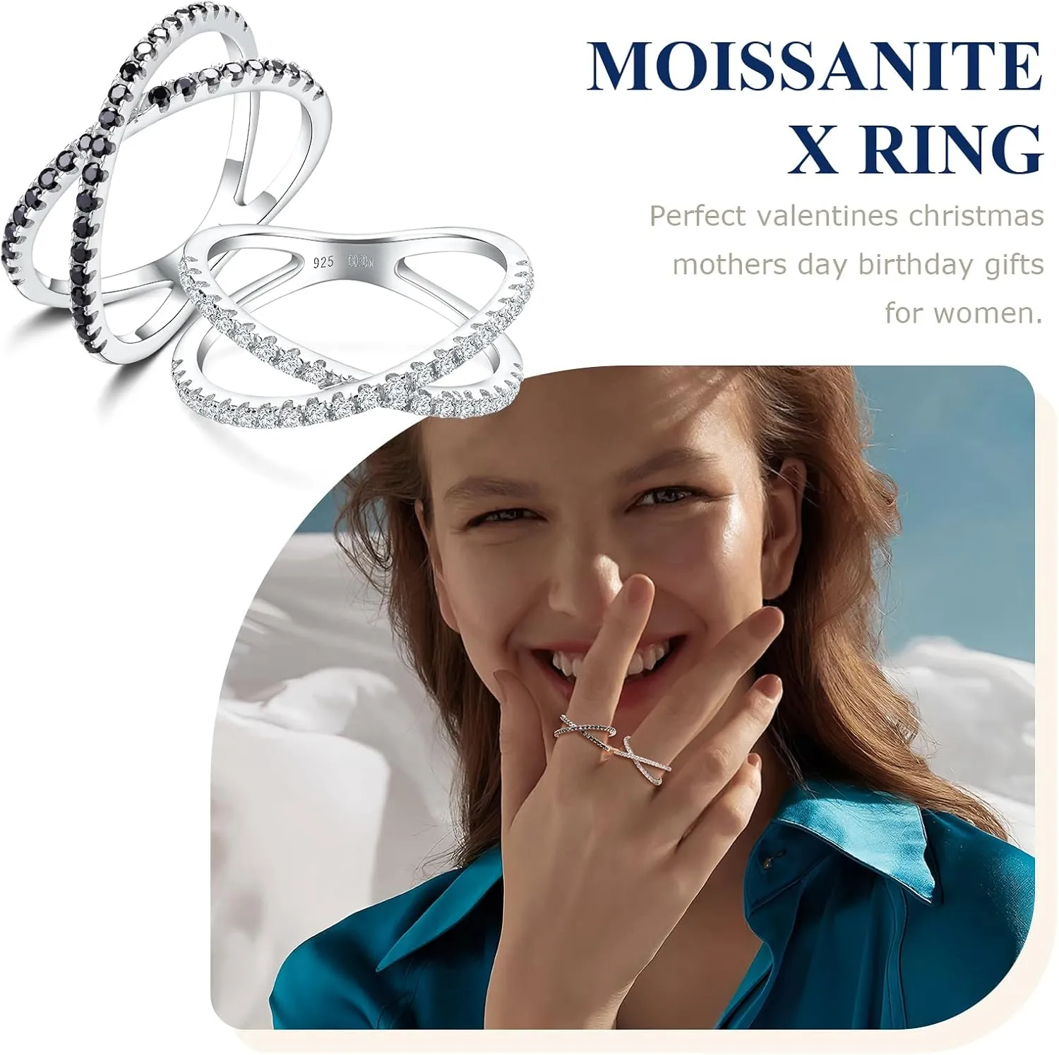 Crisss Cross Ring, Moissanite Wedding Band, 14K Gold Plated Sterling Silver Wedding Rings for Women Stackable Bezel/Curve/Wishbone Eternity Ring for Her, Size 6-10