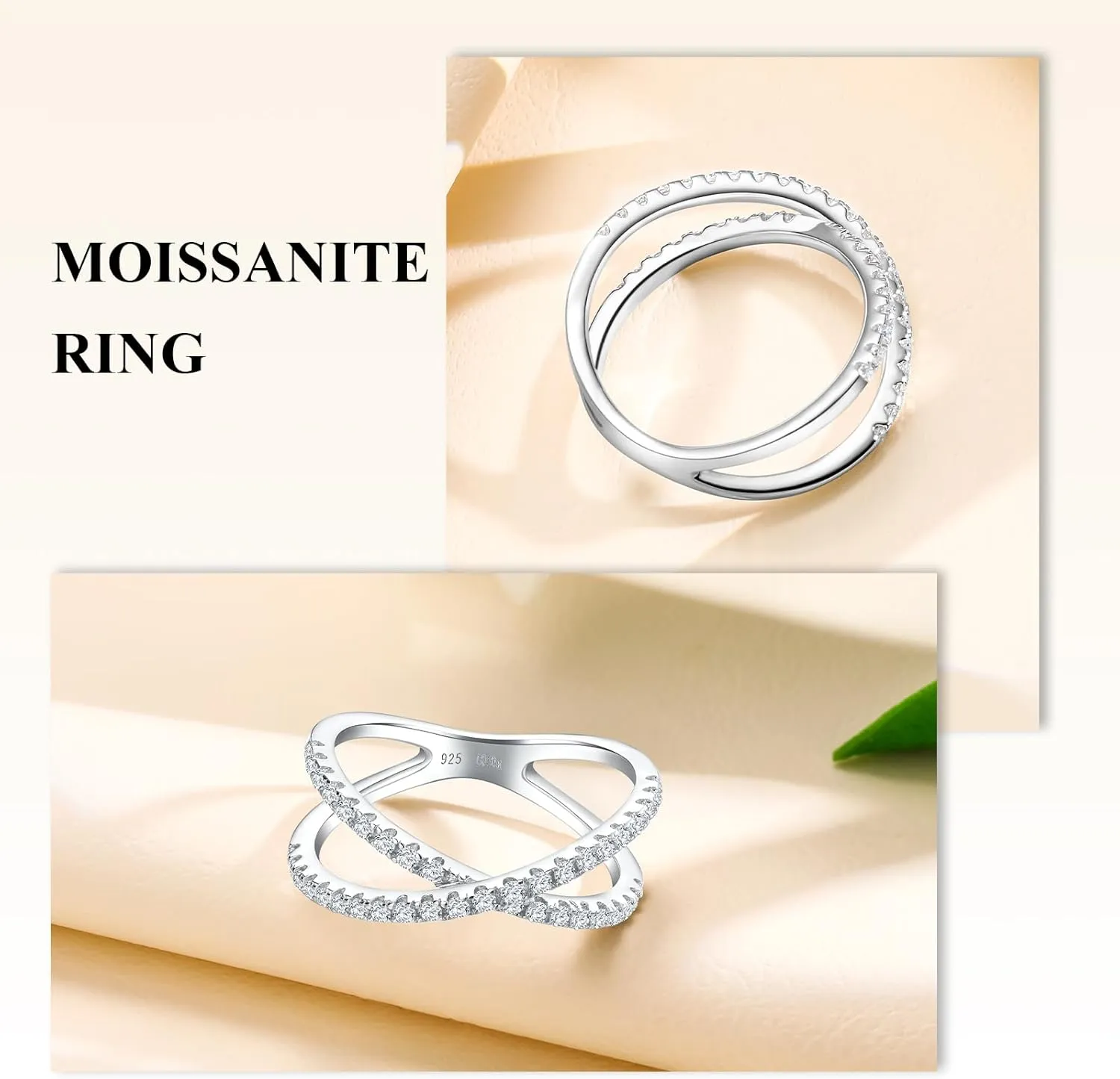 Crisss Cross Ring, Moissanite Wedding Band, 14K Gold Plated Sterling Silver Wedding Rings for Women Stackable Bezel/Curve/Wishbone Eternity Ring for Her, Size 6-10