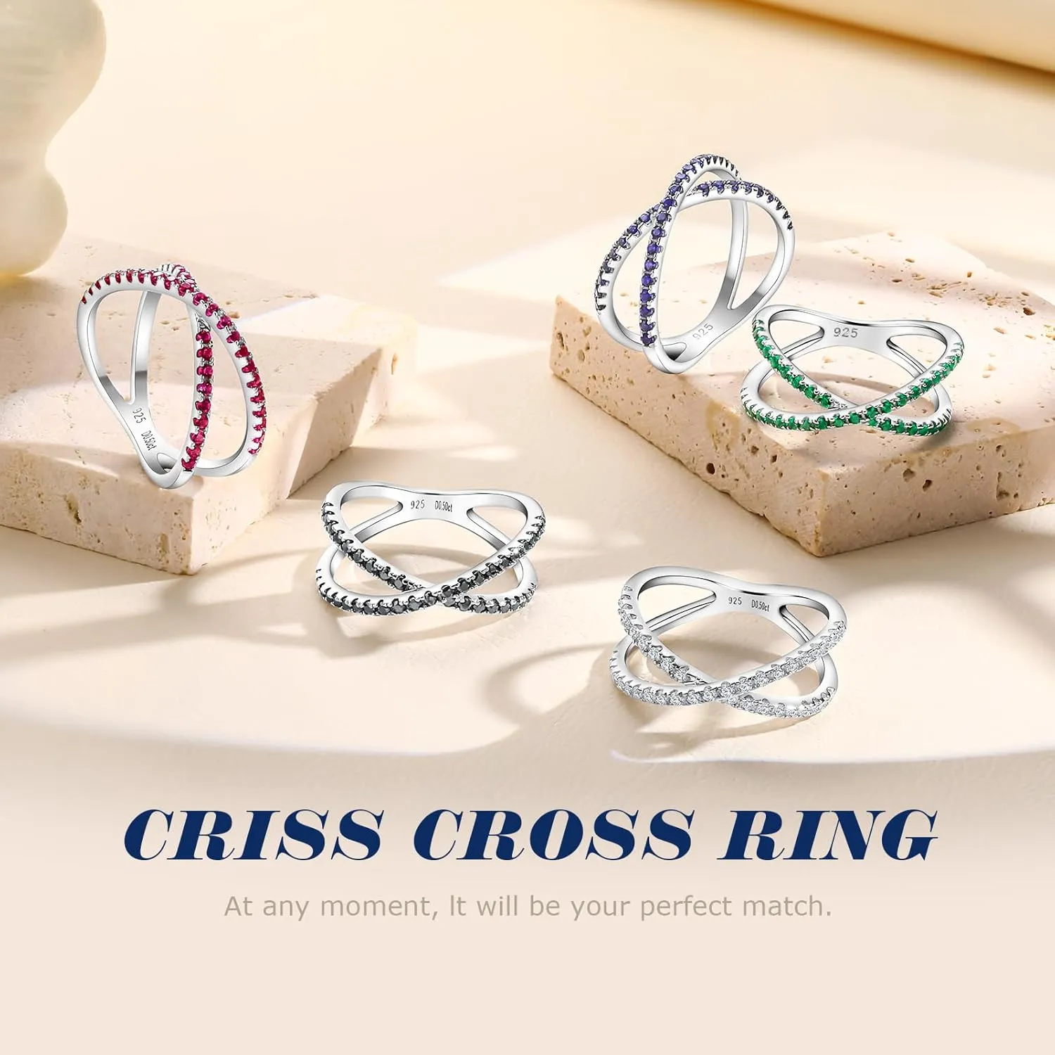 Crisss Cross Ring, Moissanite Wedding Band, 14K Gold Plated Sterling Silver Wedding Rings for Women Stackable Bezel/Curve/Wishbone Eternity Ring for Her, Size 6-10