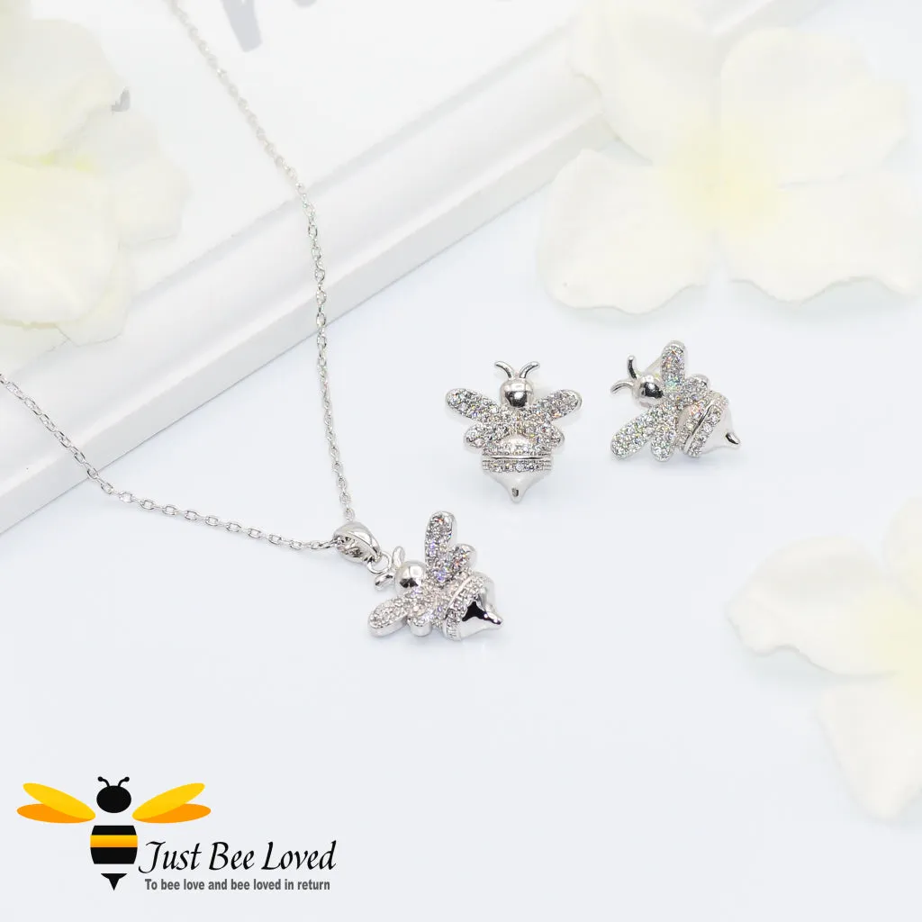 Cubic Zircon Silver Plated Bee Pendant Necklace