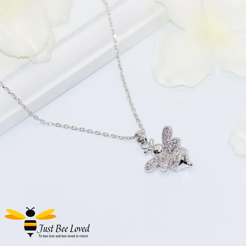 Cubic Zircon Silver Plated Bee Pendant Necklace