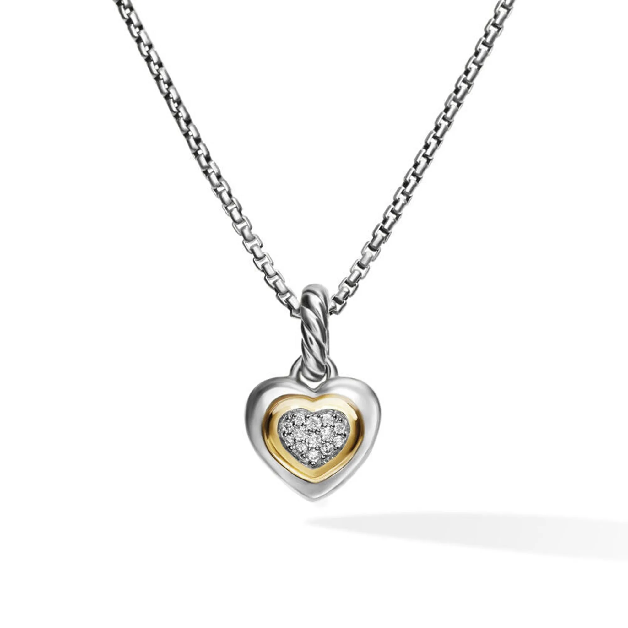 David Yurman Petite Cable Heart Pendant Necklace in Sterling Silver with 14K Yellow Gold and Diamonds 17.1mm