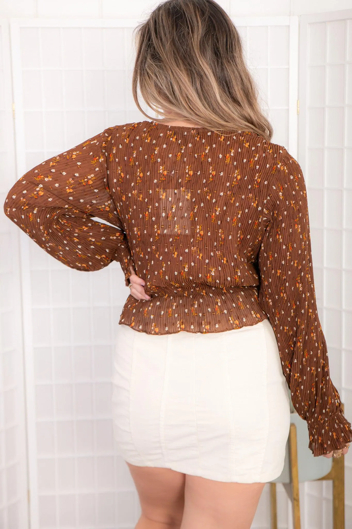 Dear One Brown Floral Print Plisse Wrap Top