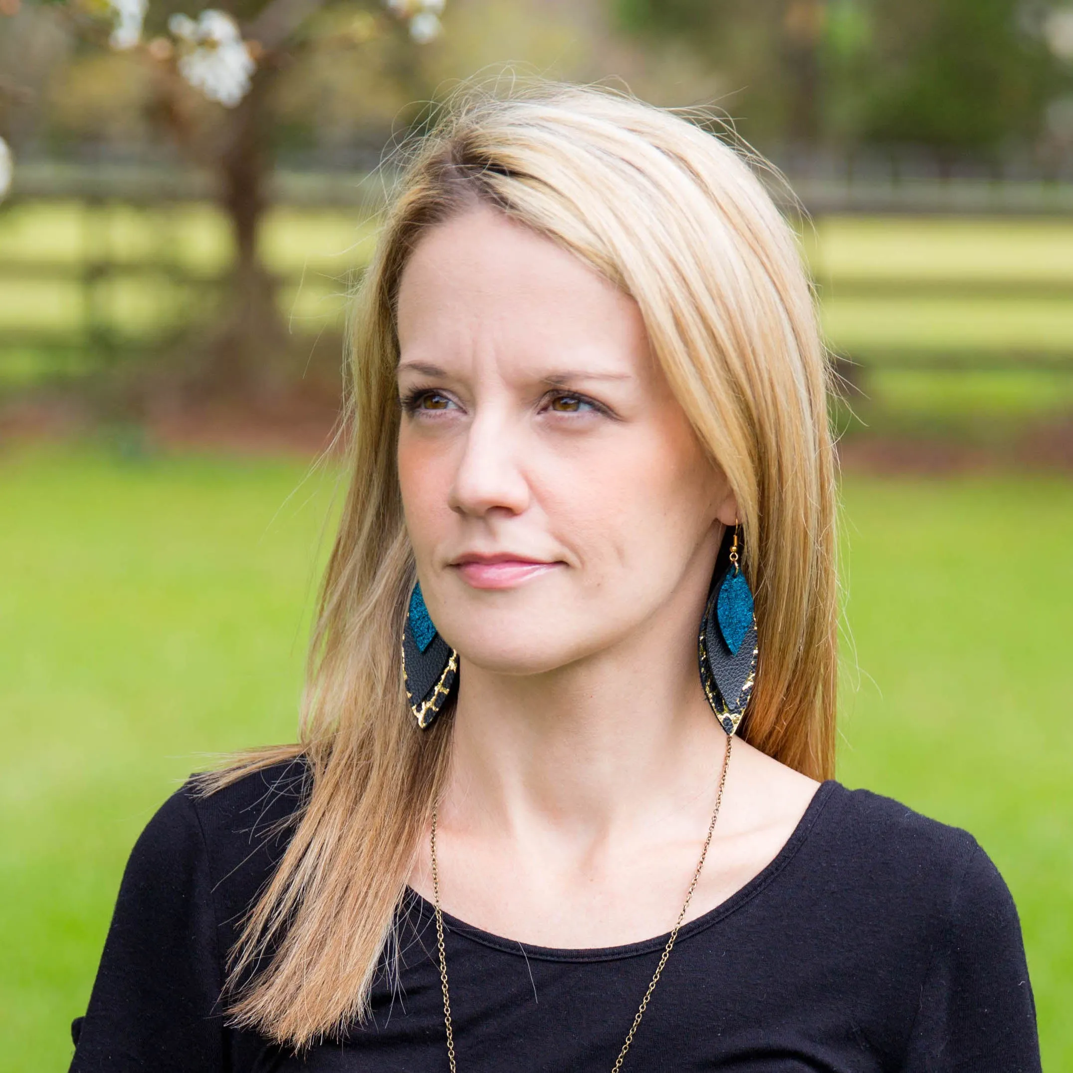DOROTHY - Leather Earrings  ||  <BR> BLUE SURF PAINT STROKES, <BR> SHIMMER AQUA, <BR> DISTRESSED BLACK & SILVER