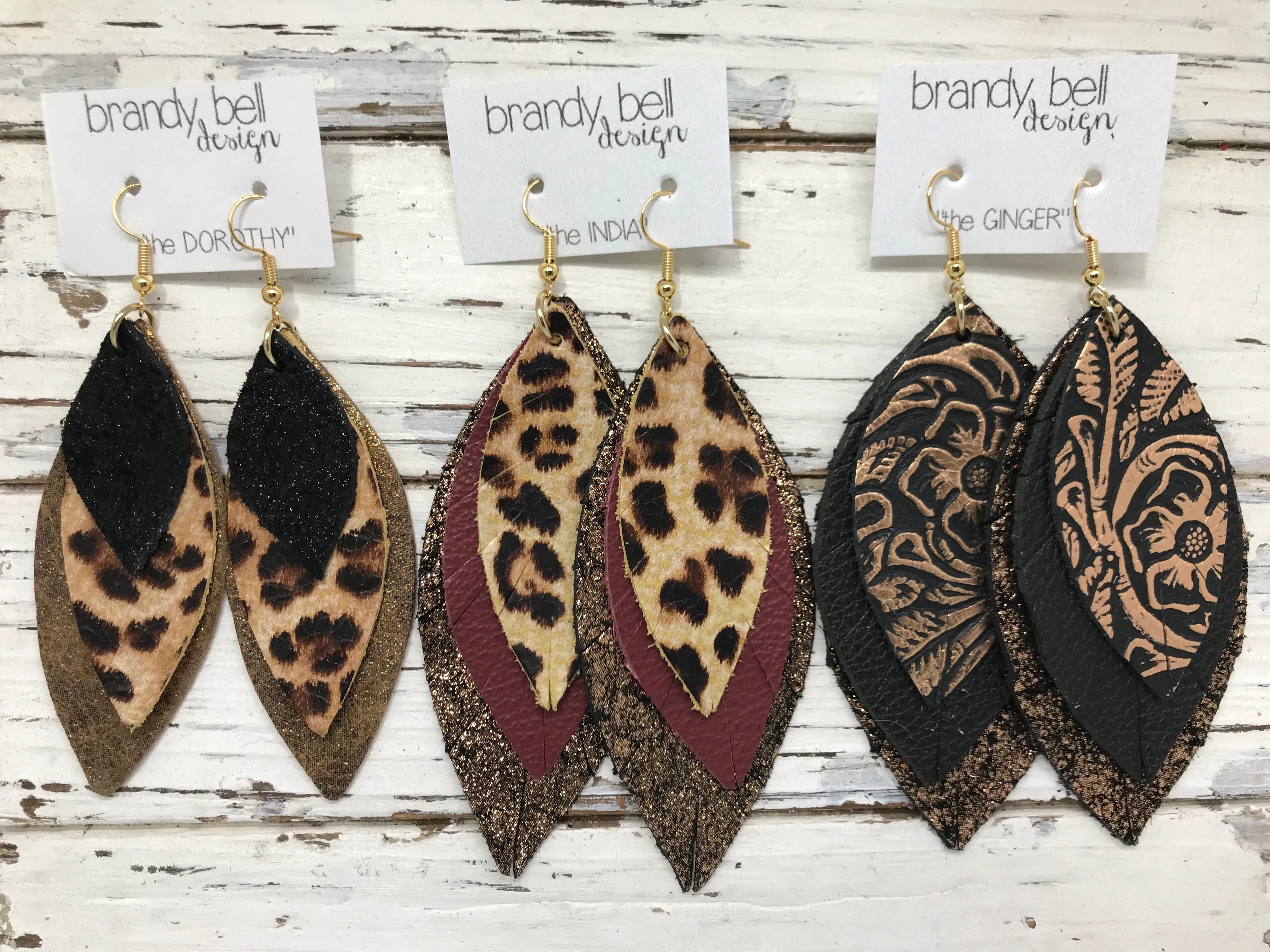 DOROTHY - Leather Earrings  ||  <BR> BLUE SURF PAINT STROKES, <BR> SHIMMER AQUA, <BR> DISTRESSED BLACK & SILVER