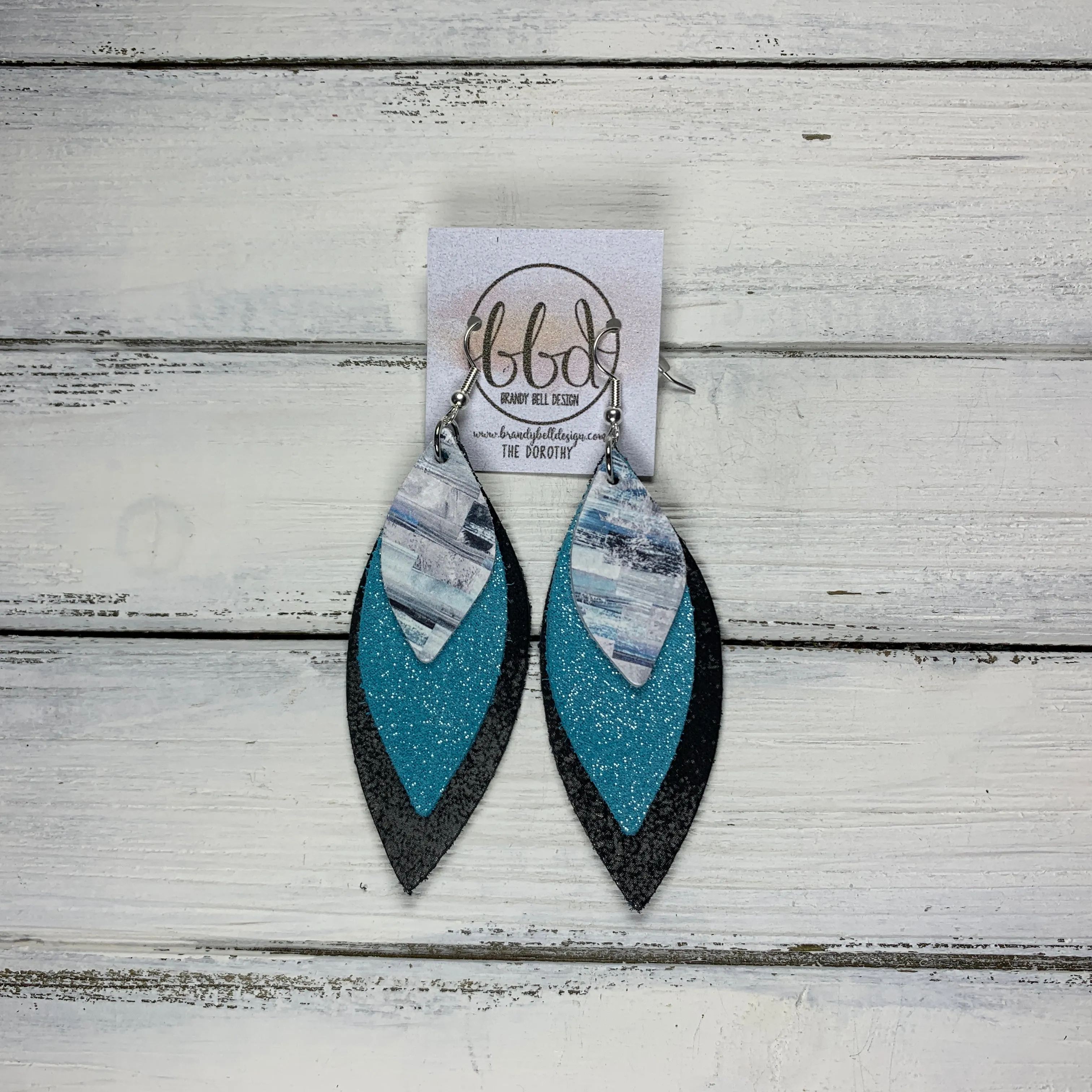 DOROTHY - Leather Earrings  ||  <BR> BLUE SURF PAINT STROKES, <BR> SHIMMER AQUA, <BR> DISTRESSED BLACK & SILVER