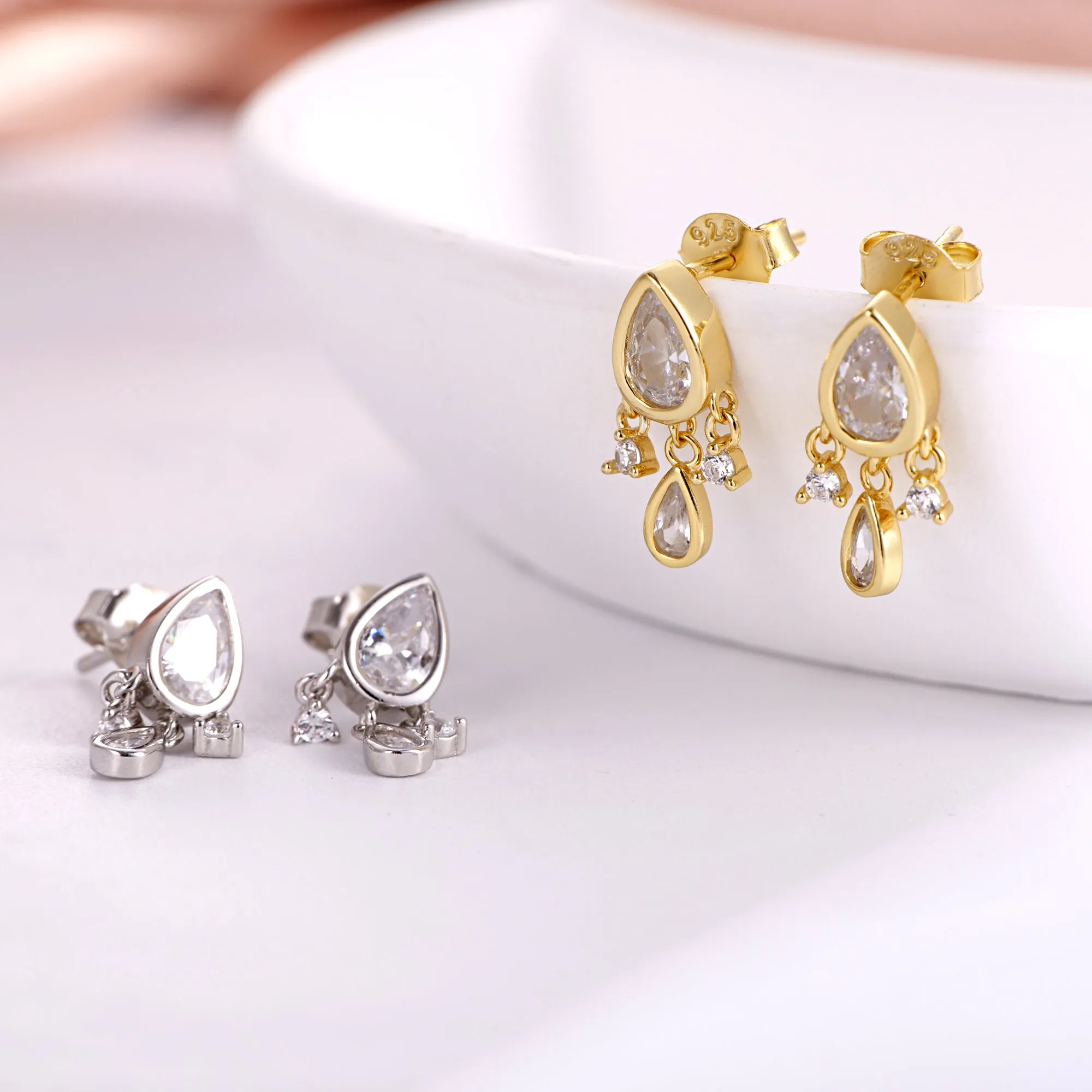 Elegant Dainty Dangle Earrings with Sparkling Pear CZ in Sterling Silver – Perfect Gift for Her