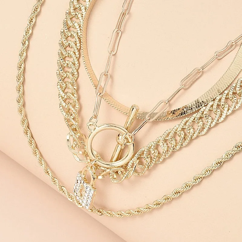 Enhance Your Style with the Glamorous Layered Crystal Lock Chain Necklace Set