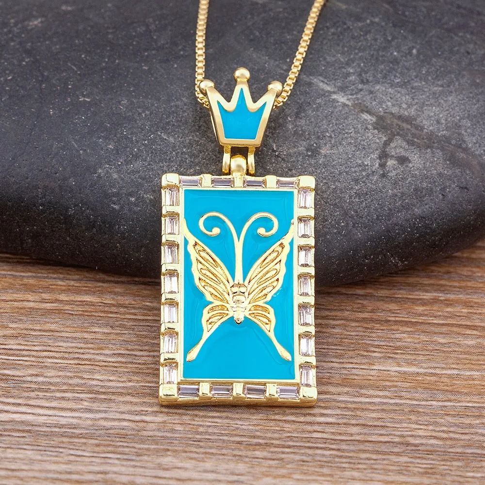 Exquisite Enamel Rainbow Crown Inlaid Butterfly Shine Crystal Pendant