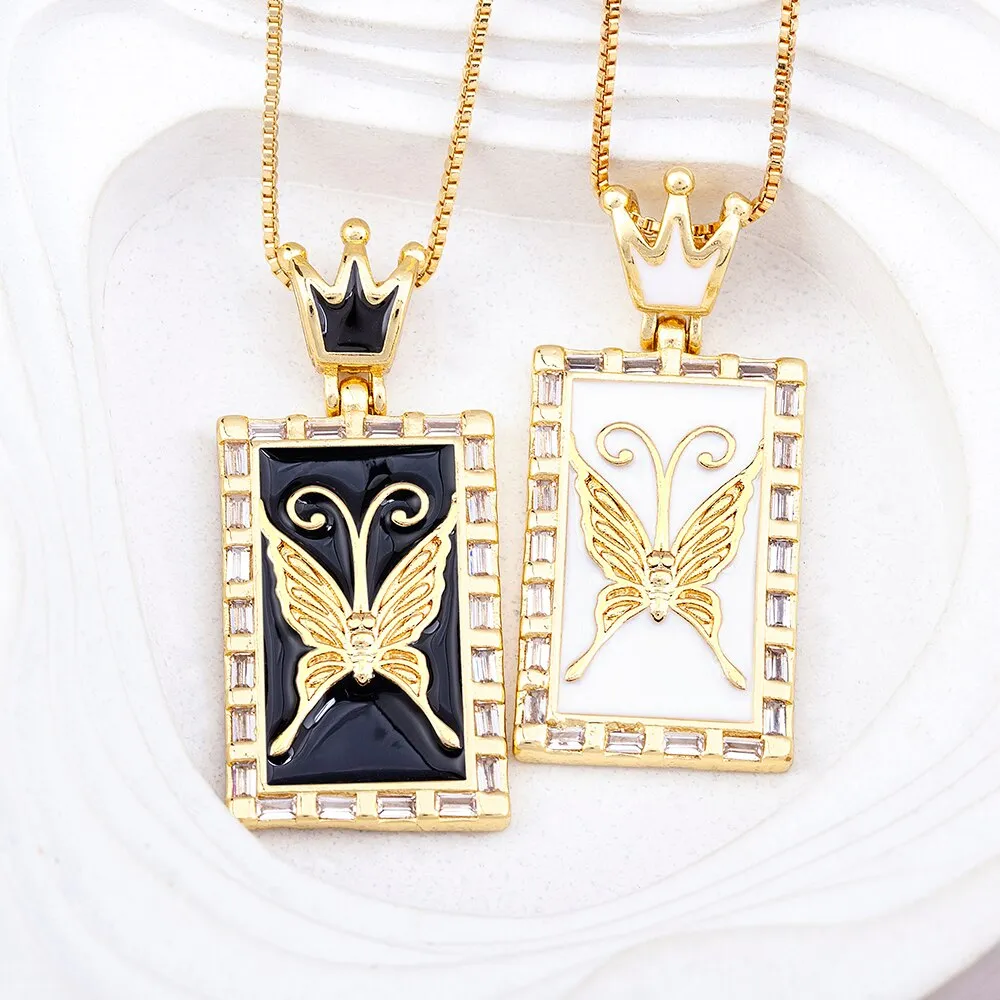 Exquisite Enamel Rainbow Crown Inlaid Butterfly Shine Crystal Pendant