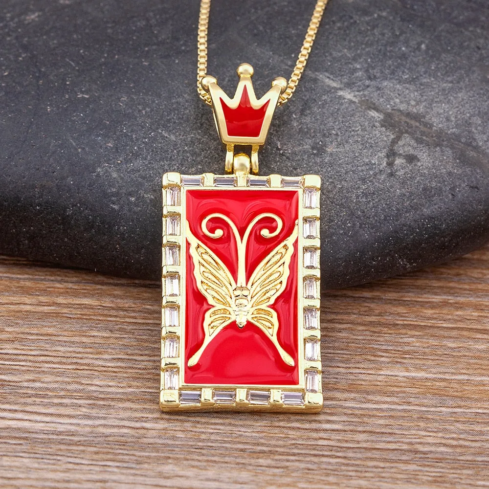 Exquisite Enamel Rainbow Crown Inlaid Butterfly Shine Crystal Pendant