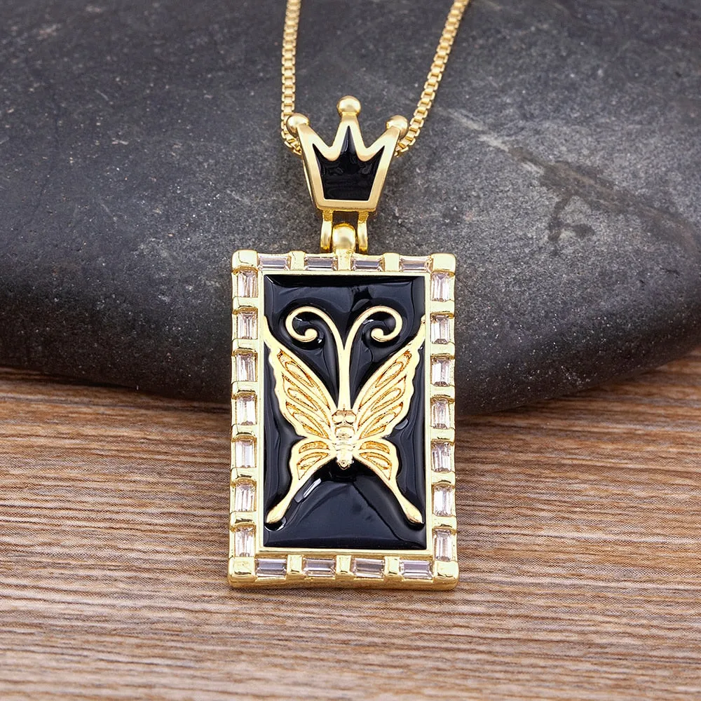 Exquisite Enamel Rainbow Crown Inlaid Butterfly Shine Crystal Pendant
