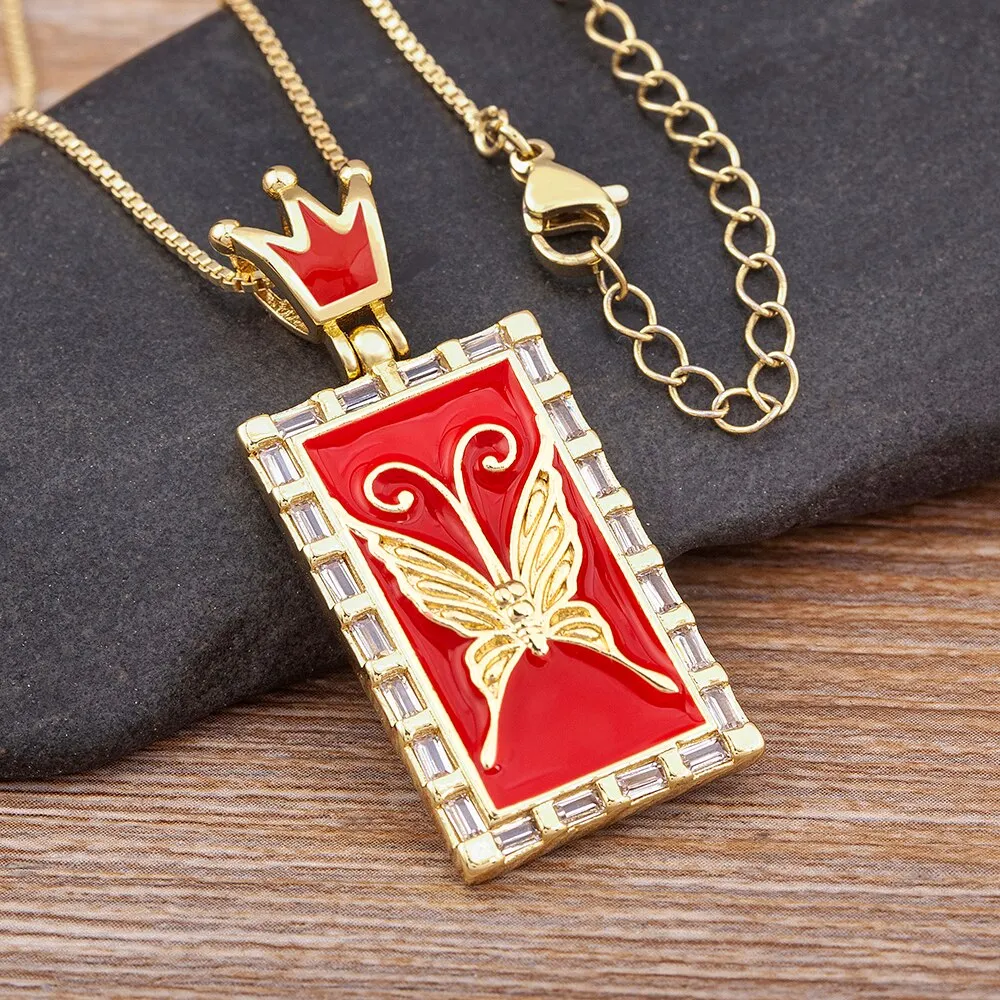 Exquisite Enamel Rainbow Crown Inlaid Butterfly Shine Crystal Pendant