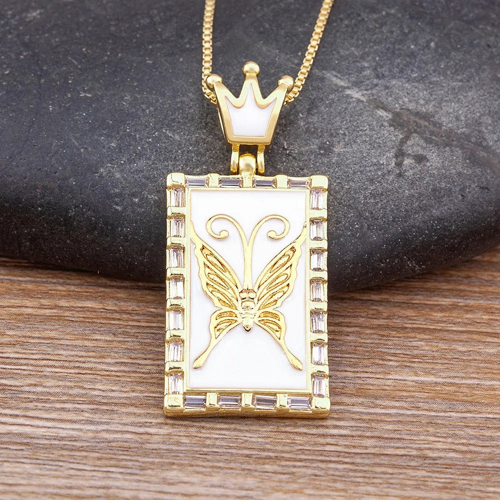 Exquisite Enamel Rainbow Crown Inlaid Butterfly Shine Crystal Pendant