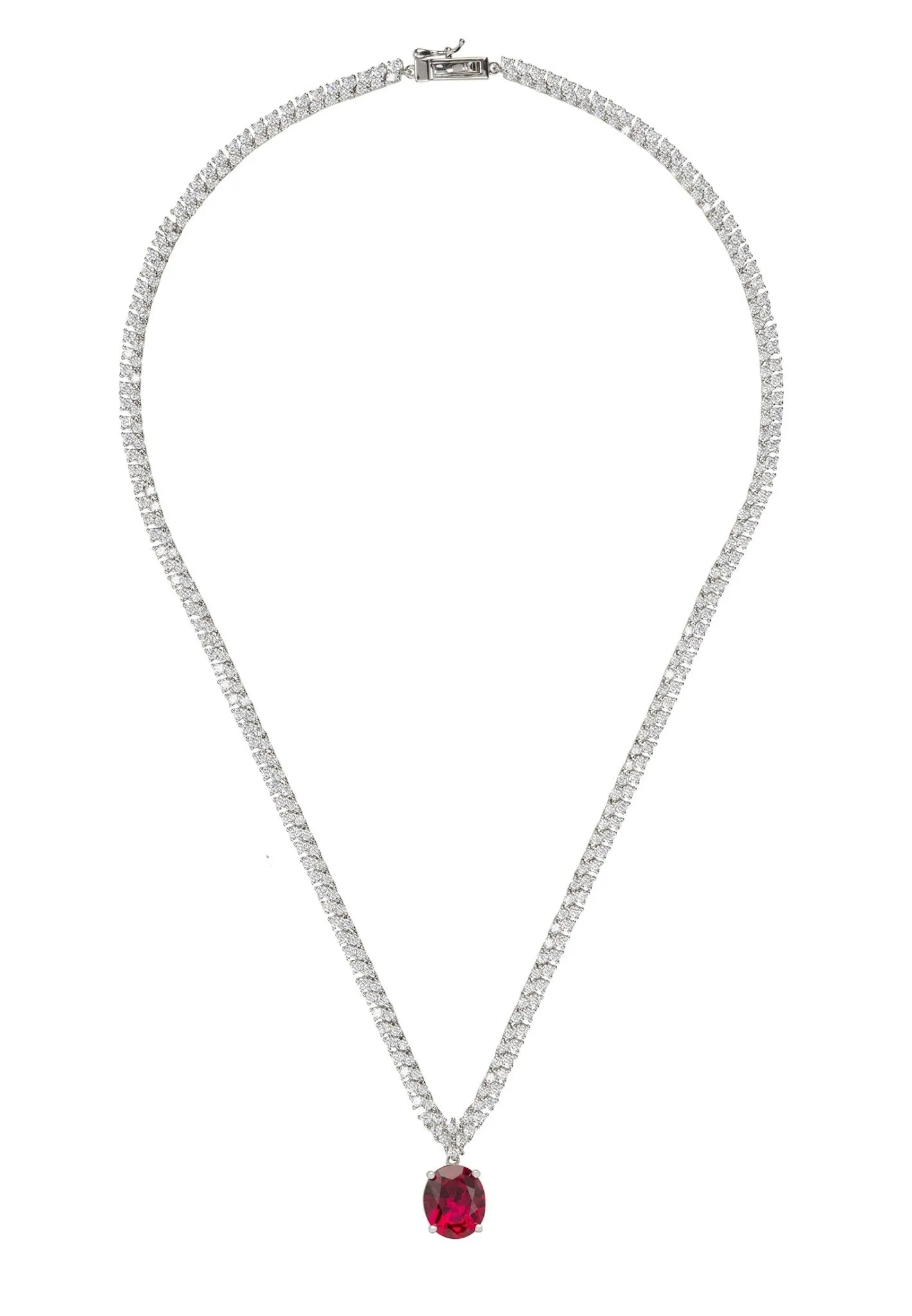 Garbo Oval Gemstone Tennis Necklace in Silver with Ruby