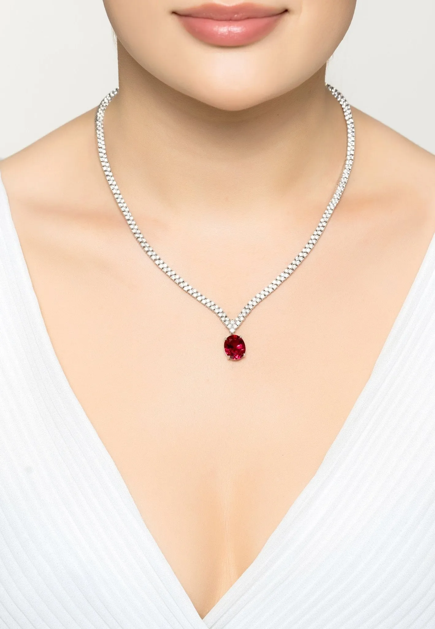 Garbo Oval Gemstone Tennis Necklace in Silver with Ruby