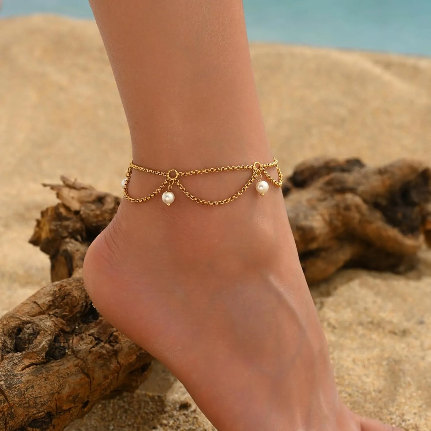 Gold Ankle Bracelets for Women 18K Gold Plated Waterproof Starfish Sea Shell Pearls CZ Diamond Dangle Anklets Trendy Summer Beach Foot Chain Jewelry Gift
