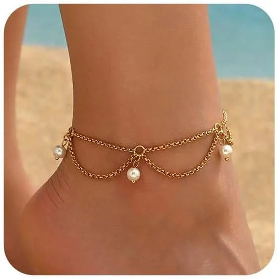 Gold Ankle Bracelets for Women 18K Gold Plated Waterproof Starfish Sea Shell Pearls CZ Diamond Dangle Anklets Trendy Summer Beach Foot Chain Jewelry Gift