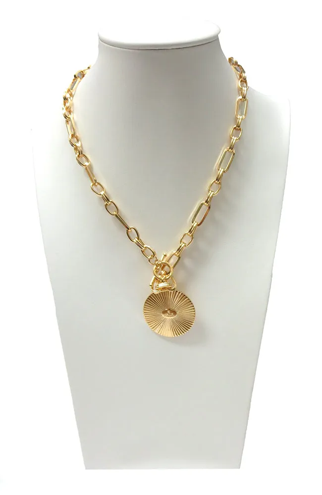 Gold Toggle Necklace Sun Ray Disk
