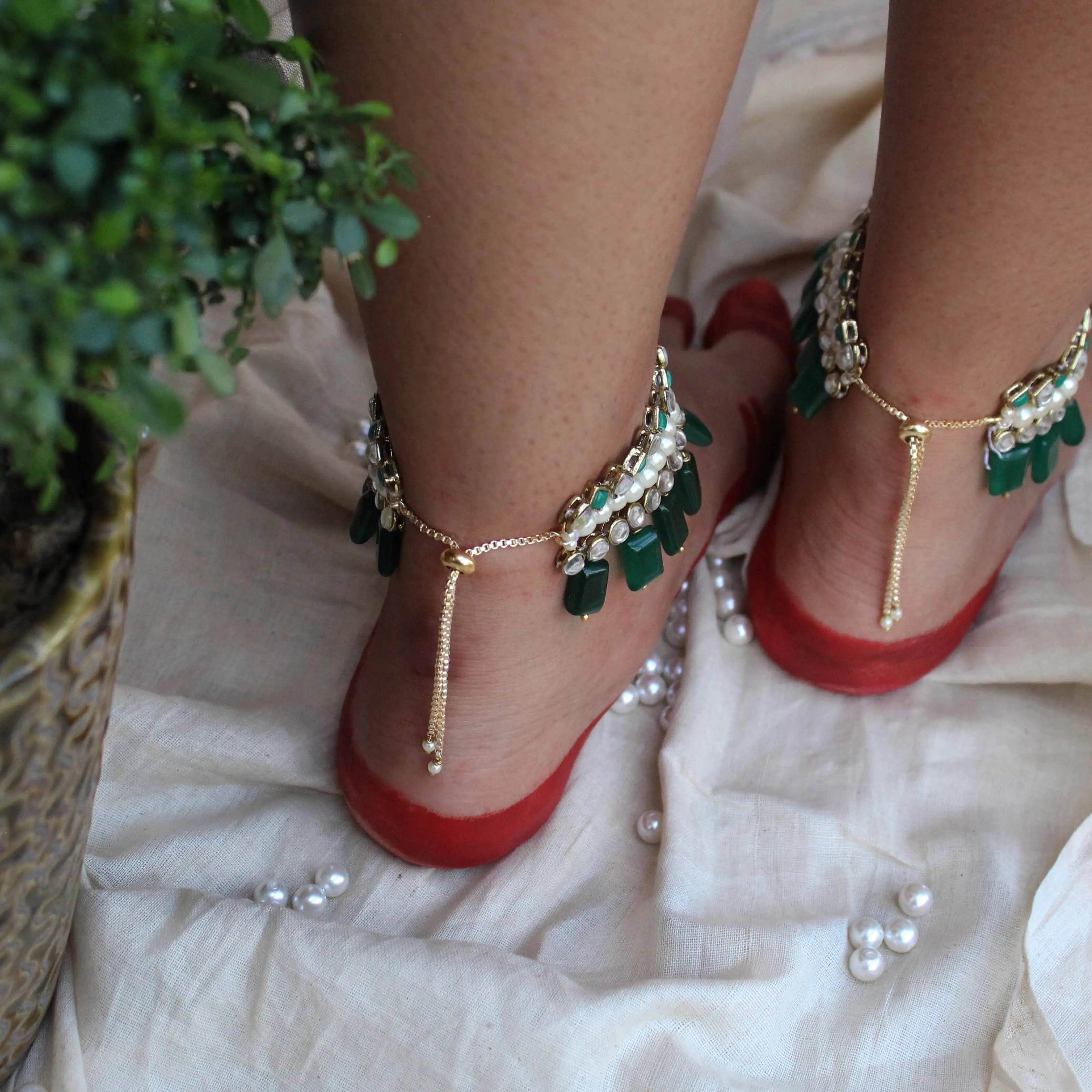 Green Glass Stone Kundan Adjustable Anklet - Set Of 2 Pieces