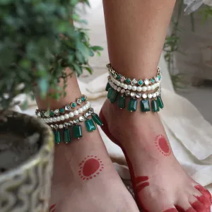 Green Glass Stone Kundan Adjustable Anklet - Set Of 2 Pieces