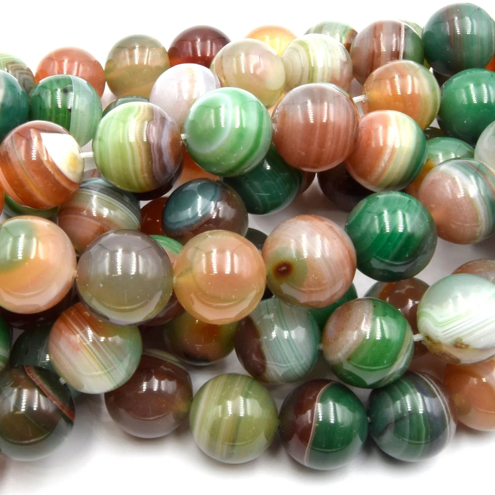 Green Multi Color Striped Agate Beads | Smooth Round Loose Gemstone Beads | Natural Agate Beads