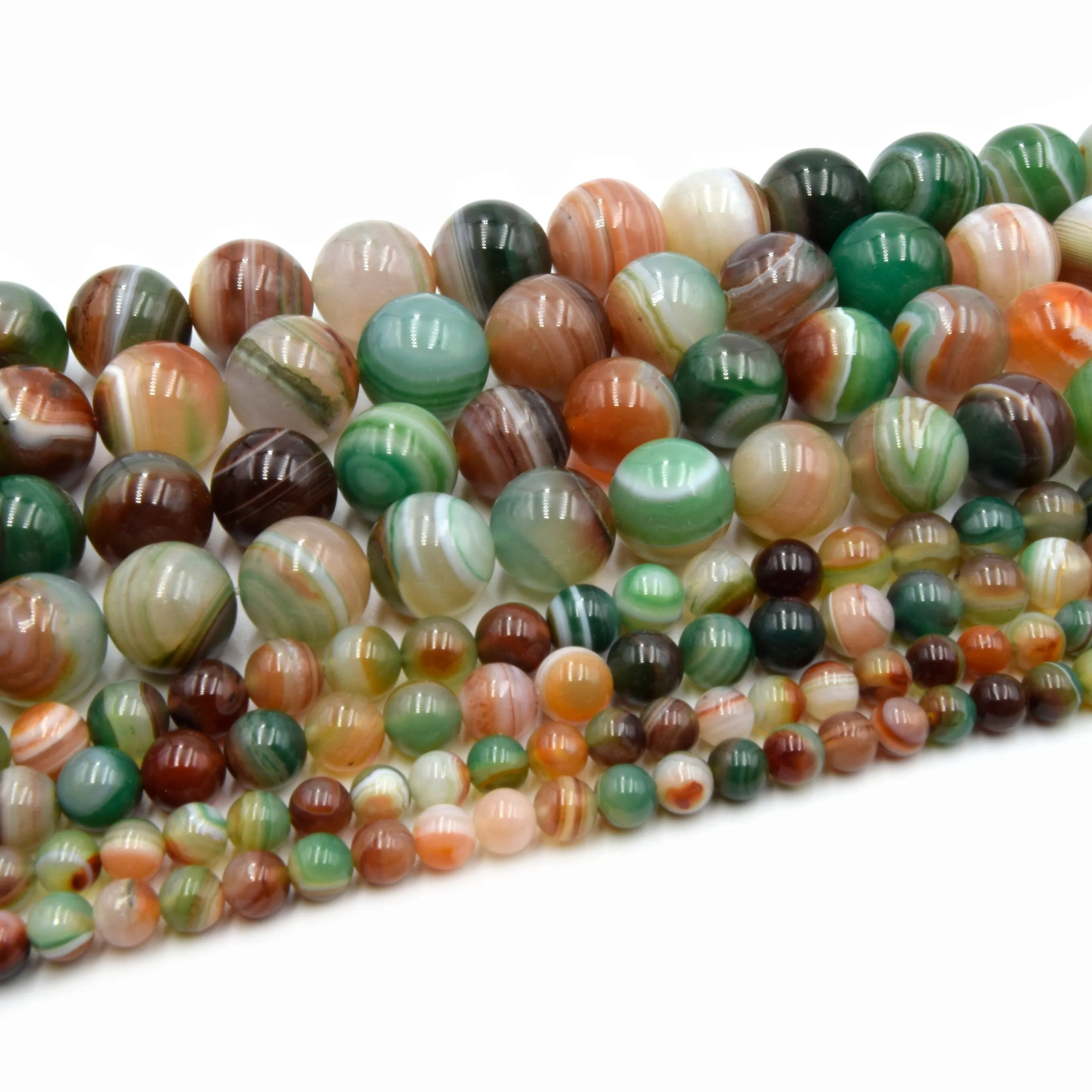 Green Multi Color Striped Agate Beads | Smooth Round Loose Gemstone Beads | Natural Agate Beads