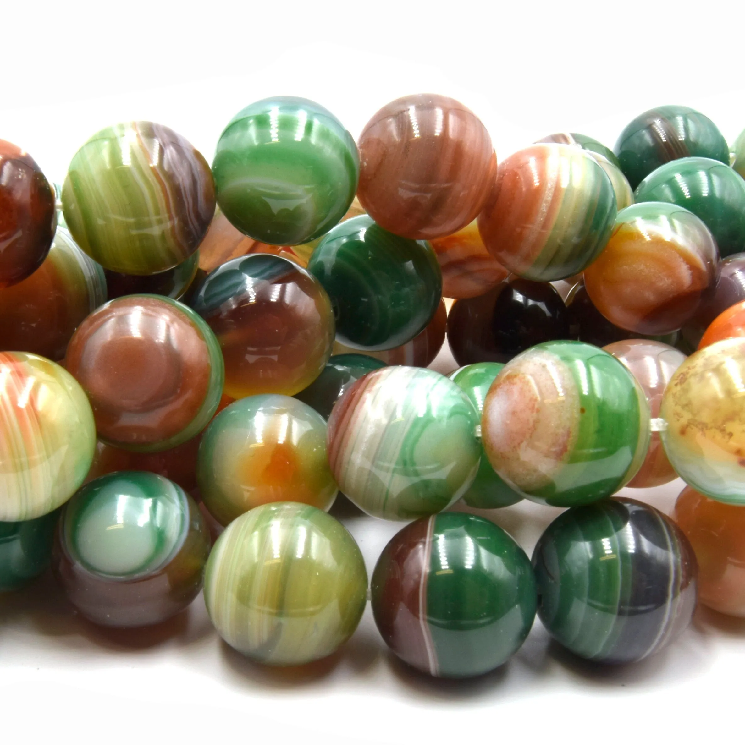 Green Multi Color Striped Agate Beads | Smooth Round Loose Gemstone Beads | Natural Agate Beads