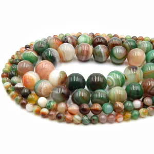 Green Multi Color Striped Agate Beads | Smooth Round Loose Gemstone Beads | Natural Agate Beads