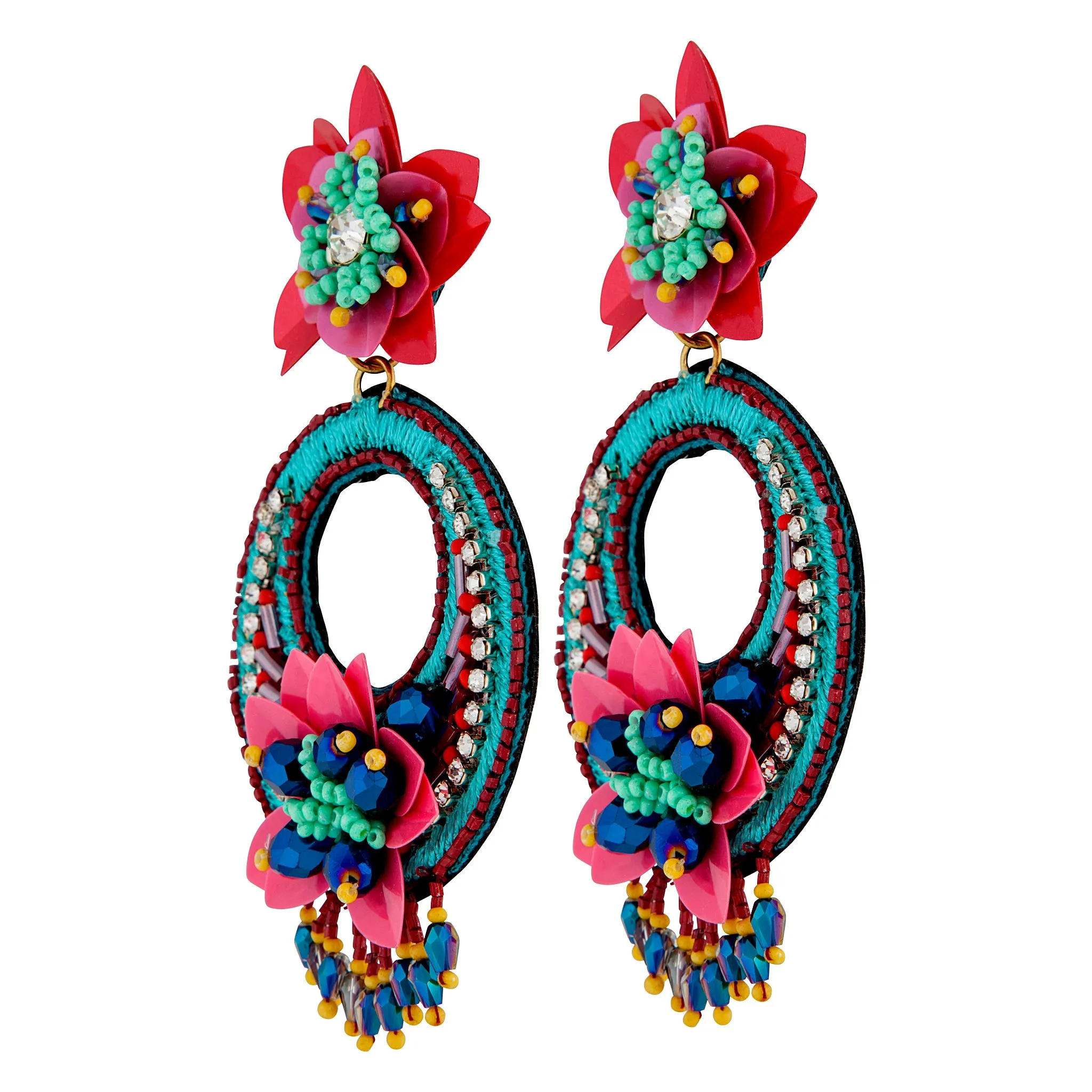 Green Pink Flower Sequins Earrings