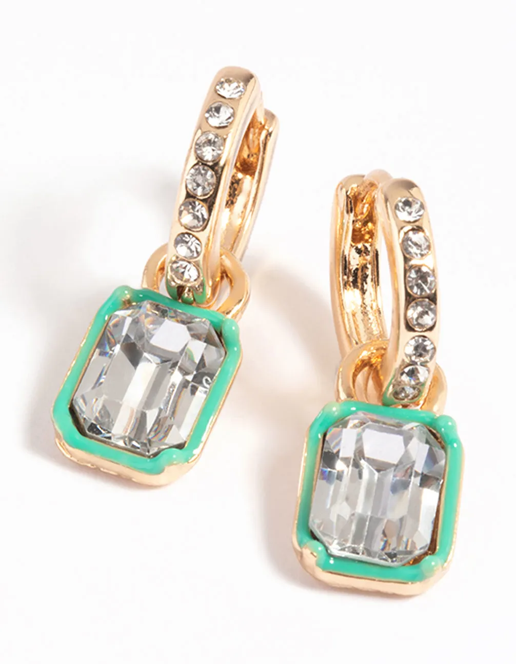 Green Rectangular Diamante Huggie Hoop Earrings