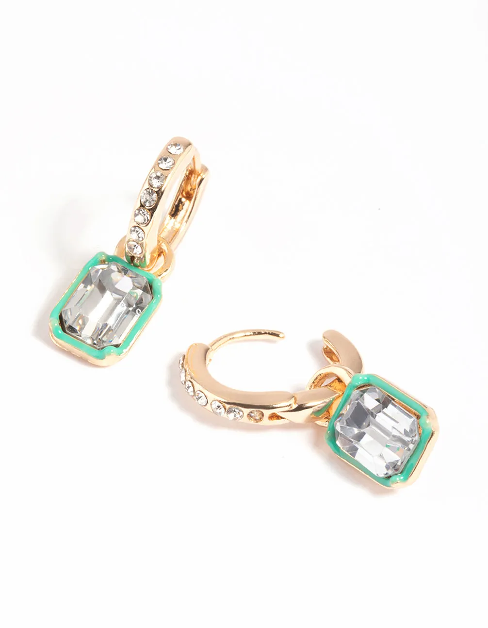 Green Rectangular Diamante Huggie Hoop Earrings