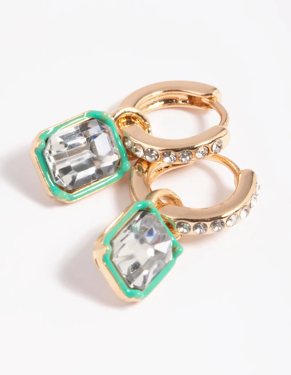 Green Rectangular Diamante Huggie Hoop Earrings